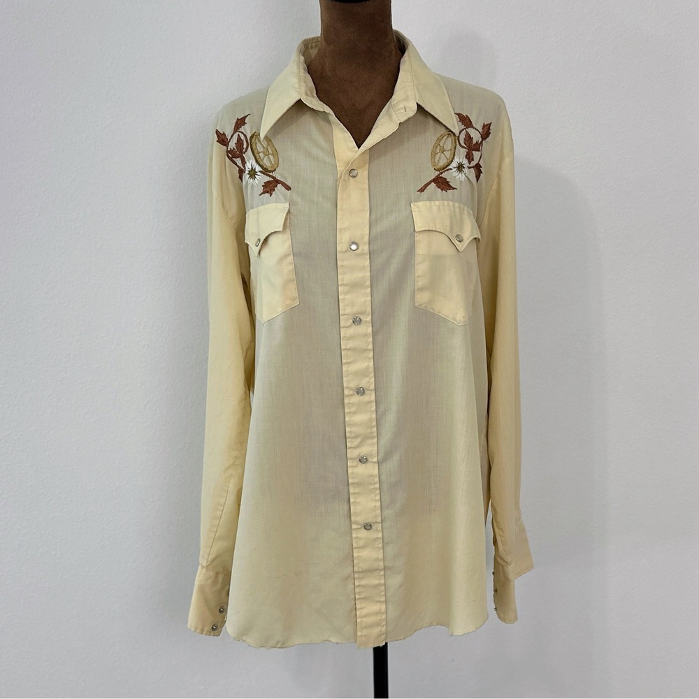 Vintage 1970s Embroidered Western‎ Pearl Snap Shirt IvoryMen's L / Women's XL